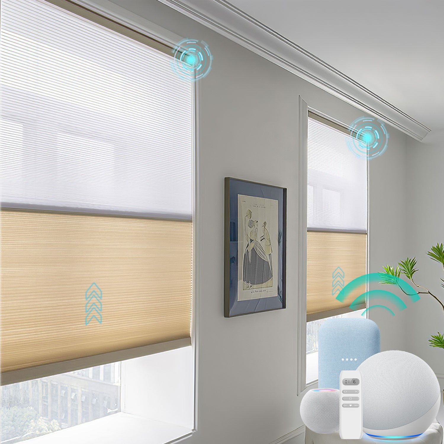 BlindsMagic smart motorized cellular shades providing automated light control in a living room.