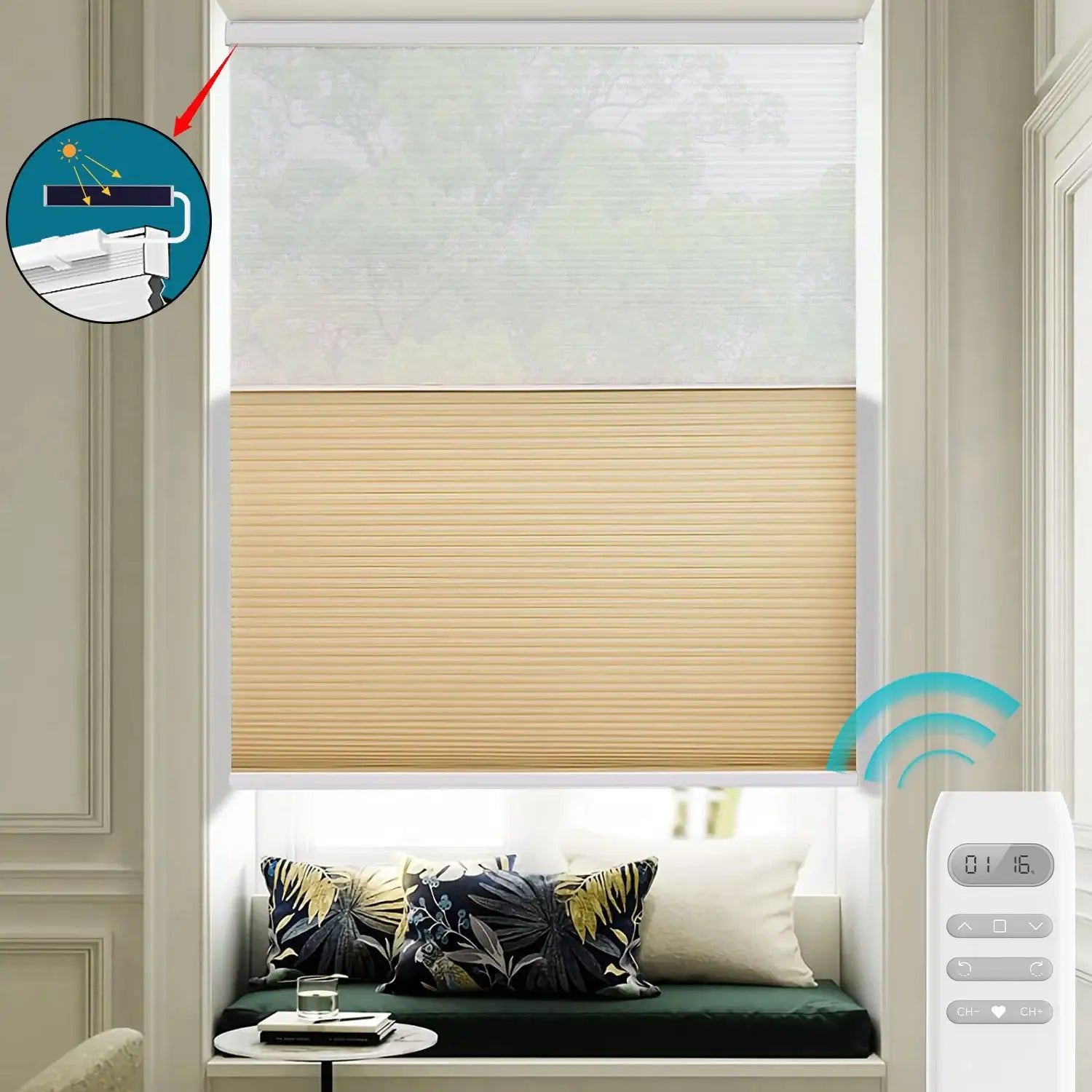 BlindsMagic motorized shades with solar power charging and wireless remote control system.