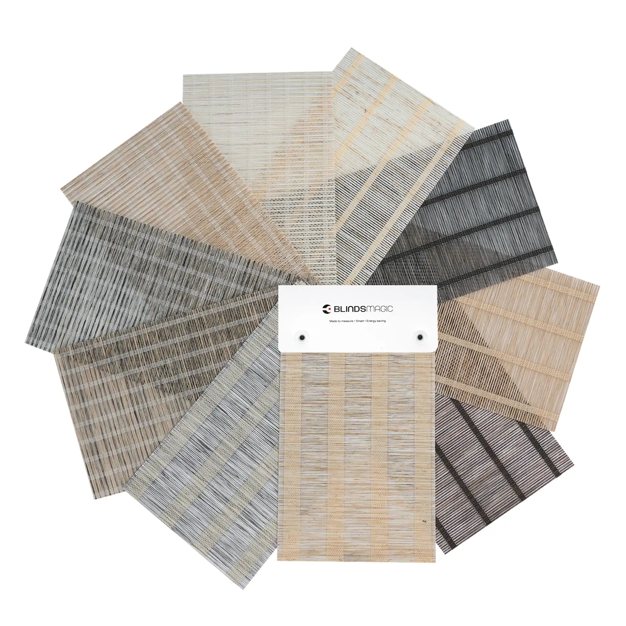 BlindsMagic Bamboo Shades Fabric Samples – Natural Woven Wood Swatch Colors Beige Gray Brown Stria Crossing