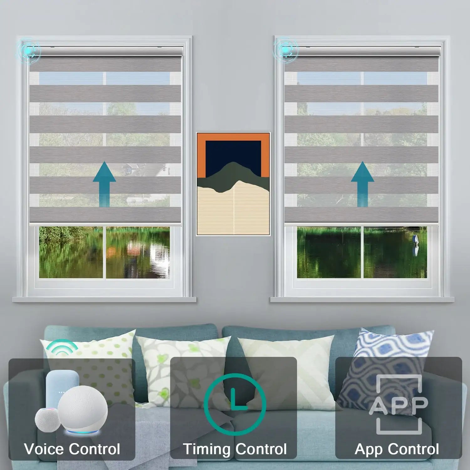 BlindsMagic motorized zebra shades voice timing app control living room- Veluna