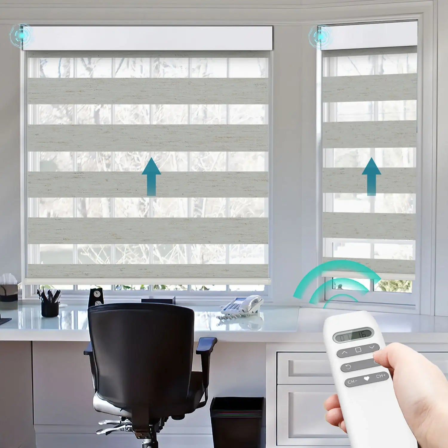 BlindsMagic Smart Motorized Zebra Shades 80% Blackout Linen – Remote Control Home Office