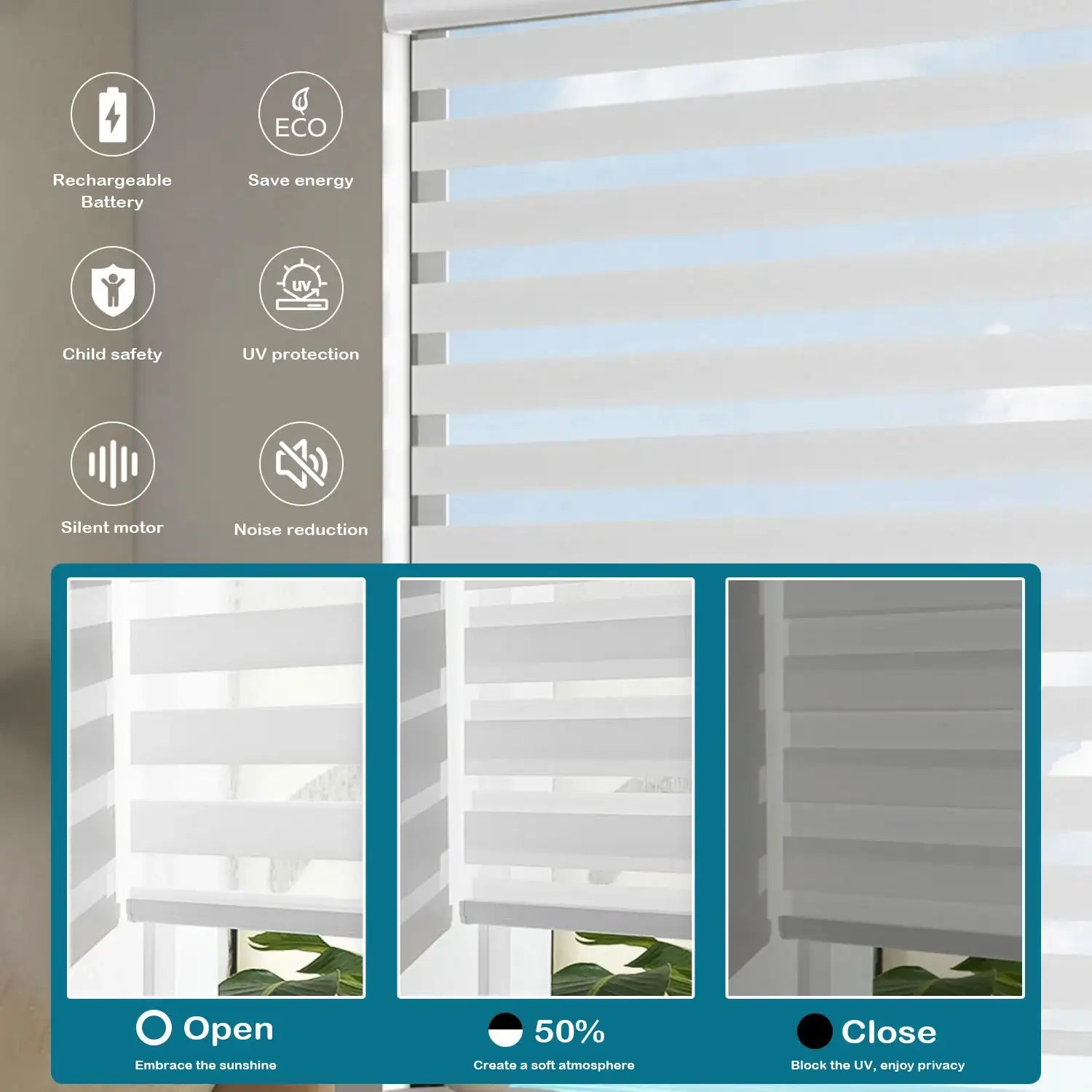 BlindsMagic Smart Motorized Zebra Shades 80% Blackout Linen – UV Protection Child Safety Light Control