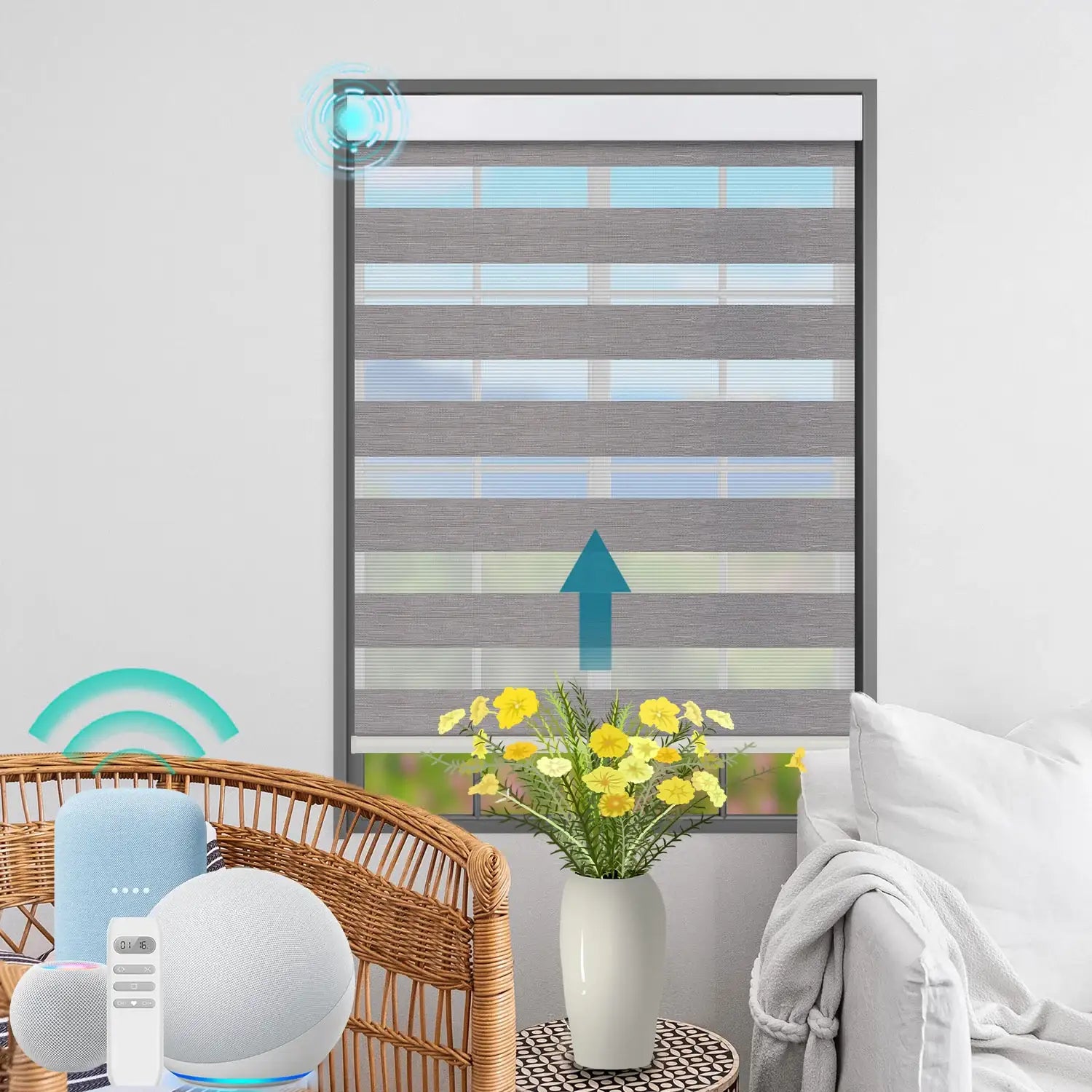 BlindsMagic motorized zebra shades 65% blackout Veluna living room smart home control