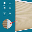 Features of BlindsMagic cellular shades including silent motor, UV protection, and noise reduction.