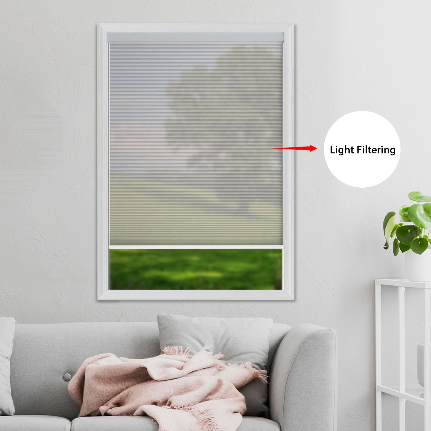 Visual demonstration of BlindsMagic light filtering shades softening harsh exterior light.