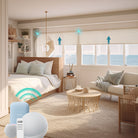 BlindsMagic light filtering motorized cellular shades in a bright bedroom, smart home compatible.