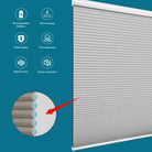 Key features of BlindsMagic motorized shades: cordless safety, silent motor, and UV protection.
