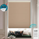BlindsMagic motorized cellular shades with rechargeable battery and remote control functionality.