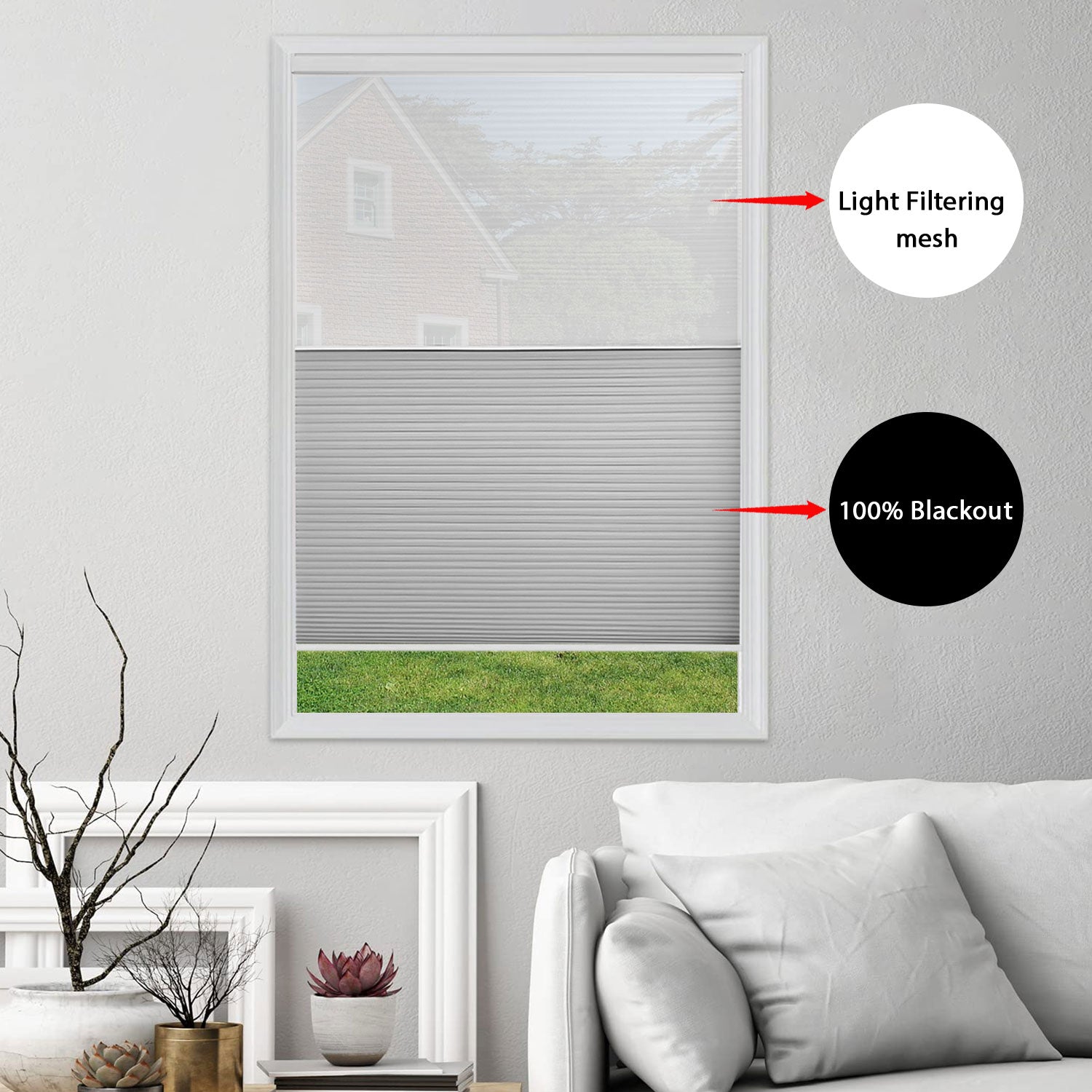 Comparison of light filtering mesh and blackout fabric on BlindsMagic day and night cellular shades.
