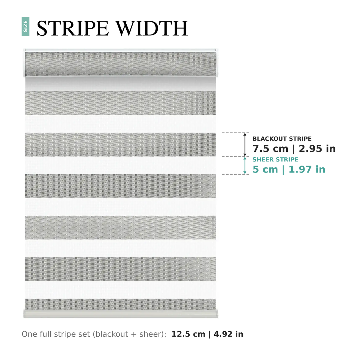 Motorized zebra roller shades in Gray showing stripe widths: 7.5 cm (2.95 in) blackout stripe and 5 cm (1.97 in) sheer stripe