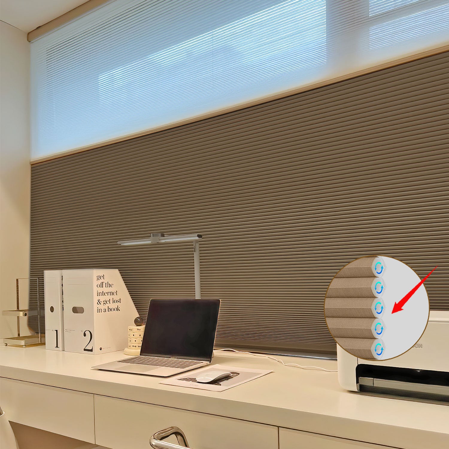 Custom motorized day and night cellular shades by BlindsMagic for privacy in a home office.