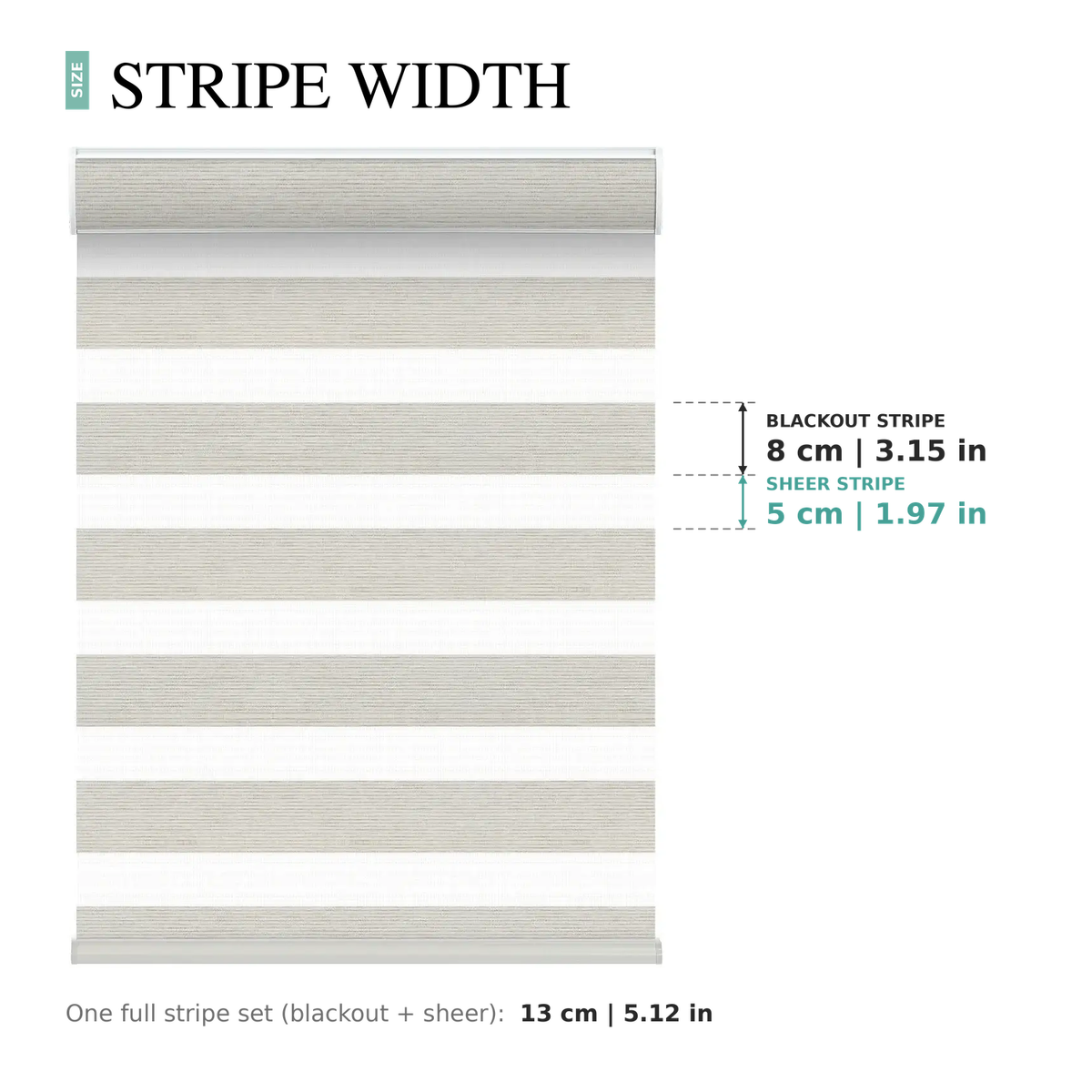 Motorized zebra shades in Ivory showing stripe widths: 8 cm (3.15 in) blackout stripe and 5 cm (1.97 in) sheer stripe