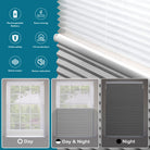 Features of BlindsMagic motorized shades including silent motor, child safety, and rechargeable battery.