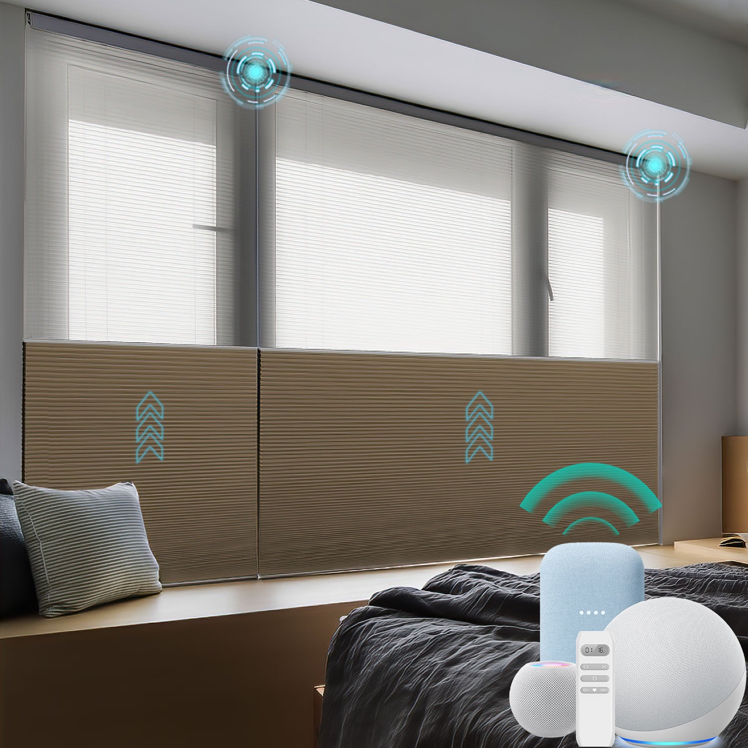 Smart home motorized cellular blinds by BlindsMagic controlled by Alexa and Google Home.