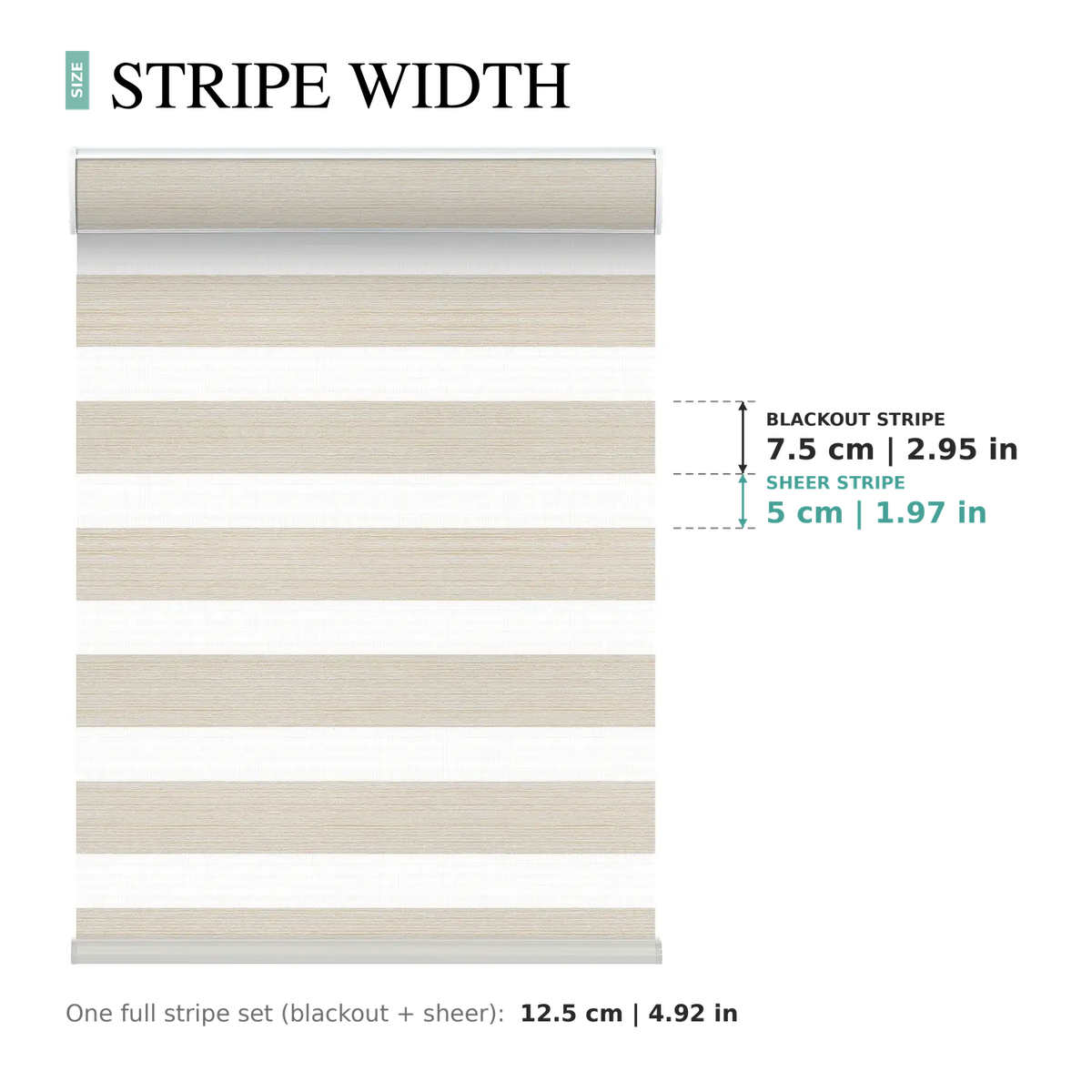 Motorized zebra blinds in Natural Beige showing stripe widths: 7.5 cm (2.95 in) blackout stripe and 5 cm (1.97 in) sheer stripe