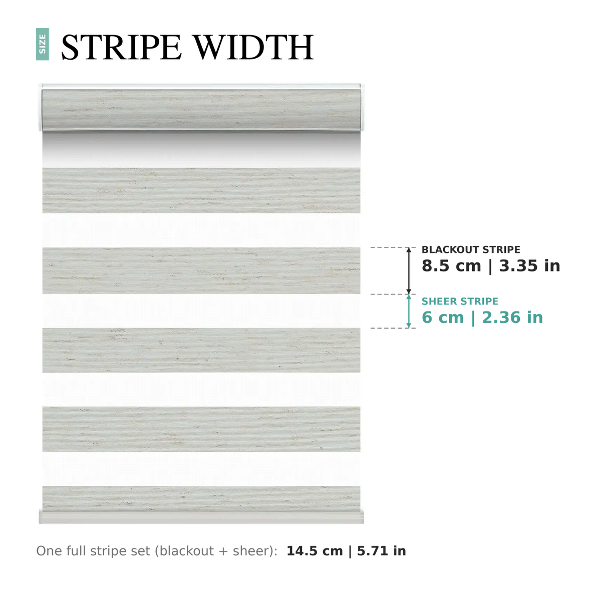 Motorized zebra blinds in Linen Cream showing stripe widths: 8.5 cm (3.35 in) blackout stripe and 6 cm (2.36 in) sheer stripe